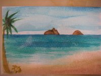 imgp2221  This is on it's way to Bill and Gail - I found a tablet of watercolor paper pre-printed to be a postcard on the reverse. How cool!  I use saltwater to dilute the paints, and kona coffee to color the sand :)