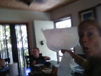 ATT00358  Mommy being crazy - this is "tiny ghost" (how we refer to Ben - a little, almost invisible guy who moves furniture and makes strange noises). Tiny ghost didn't want to get into the trash can, so "he" decided to mess with the boys during breakfast.