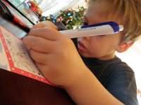PC120034  Writing a note for Santa before we go to Santa's Village on base. The note says "Star Wars Legos" and "Dumptruck" (one that you can ride on). He has never seen Star Wars so I'm not sure what the attraction is other than he thinks one of his friends talks about Star Wars stuff, but I don't even think he's seen it yet. Anyway...great that he could write his note by himself. Even did all the spelling on his own.