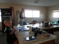 P1020171  Inside our cottage having breakfast...pancakes then heading up to the North Shore and Hanalei Bay!