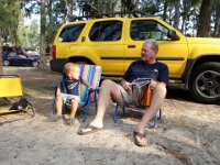 P1230073  Sitting nicely with Richard before the first of many face-plants into the sand. The insides of his nostrils had a good amount of camping dirt by the end of the weekend!