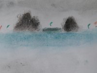IMGP0654  Still trying to fingerpaint every now and then. This is my impression of the Mokes from the far end of the beach, with Flat Island appearing in between them and kites harnessing the high winds last week.