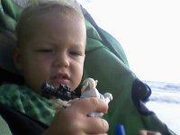 Ben and Gen Grievous  Out on a jog on the beach - we found General Grievous some weeks ago in the beach park, so he rides around in the stroller with us. We had to ask around to find out what he was! Jogging with Ben on the beach is a great workout, and a really nice way to start the morning. We drop Sam off at school and keep on going down to the beach. At the other end of the beach we get out and do some "football practice" (funny running moves and stuff) on the sand, build towers and sometimes go get coffee and muffin to share afterwards.