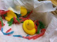 IMG 2161  Peeps for the big day in case his real peeps didn't pip out yet. (We started hearing them on his party day, and today on his actual bday they are wriggling!) And worms, of course. Chickens love worms!