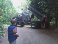 IMAG1690  Loads of gravel and mulch being delivered for us to haul around all weekend. Dave and I are beat! That's after hauling away 4 huge pickup truck loads (not this truck - a Ford F250) of green waste that we'd cut down.