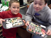20150119 154129  Sushi boys! I let them both pick out sushi platters before ice hockey and look what they got! Wow. The next time I encouraged a little more restraint!
