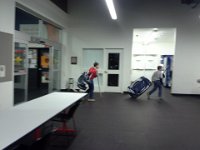 20150408 193049  Sam coming out from the locker room. His bag is 45 pounds - he has roller and ice gear in there (his insistence) so he's ready for anything.