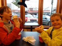 DSC02192  STILL raining 3 hours later, so what could be more sensible than load up the boys with a massive ice cream cone before piling in the tent for the evening?
