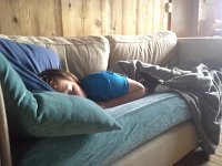 20160803 091435  Sam LOVED Patricia's cabin couch!