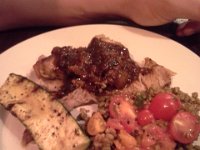 20160822 204059  LOOK at this! Pork roast with a fig dressing and...Arlo...what is that grain/pasta/rice? I can't remember. It was so good!