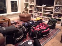 20160822 222245  Bags all packed and ready. Hockey stuff (ice AND roller) plus clothes for a month all stuffed into one hockey bag for Alli, Sam and Ben. Dave was reasonable and used actual suitcases. I wanted to be able to roll off the plane and onto the rink. I'm glad we did it this way for ice, but the roller rink was unfortunately nearly unskatable. It's being repaired, though...soon.